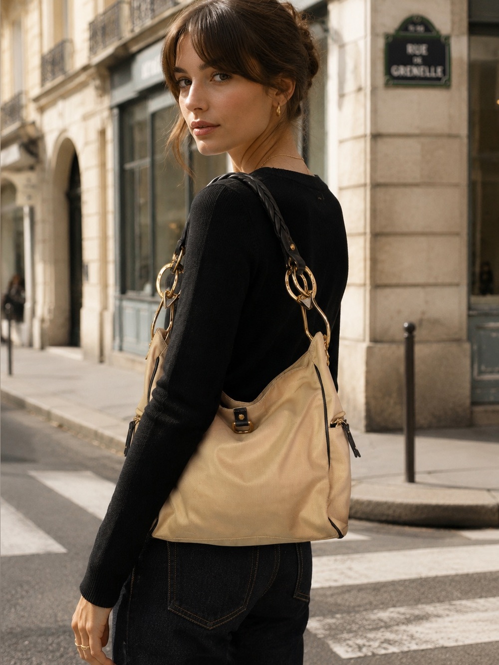 JPK PARIS 75 Tan Nylon and Leather Gold Hardware Designer Bucket Bag